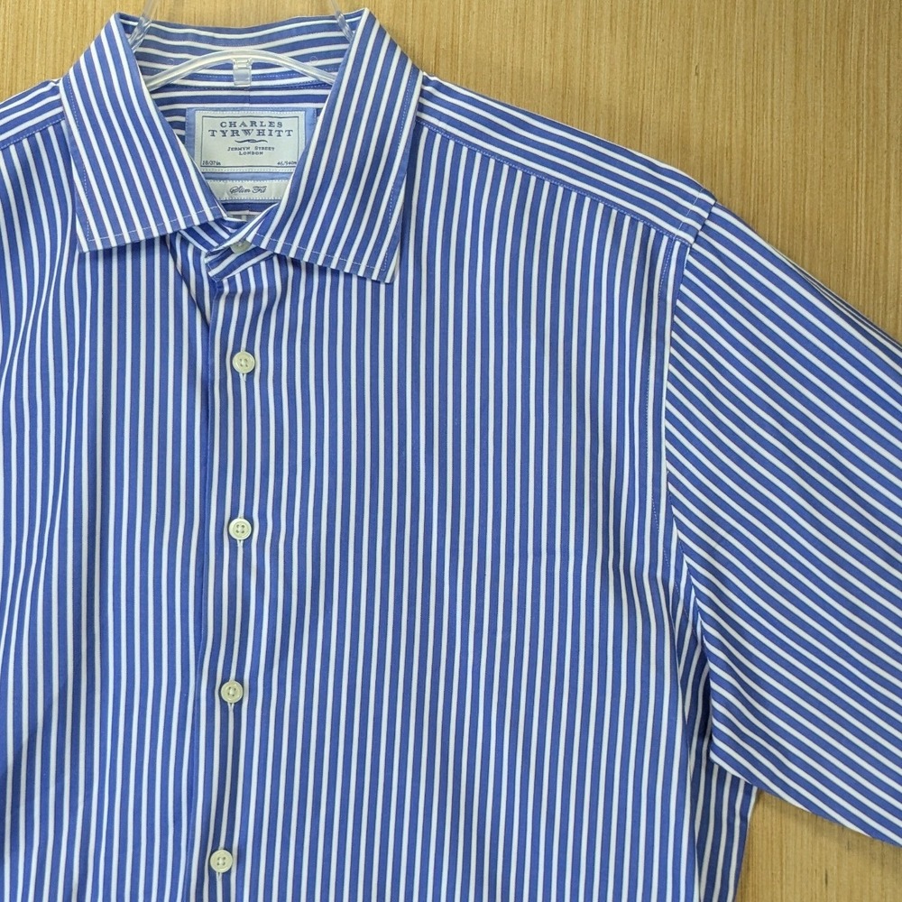 Charles Tyrwhitt Mens Slim Fit Blue White Striped Dress Shirt 18/37 Long Sleeve